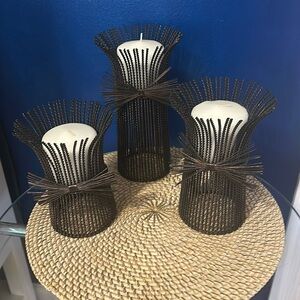 Vintage Set of 3 Rustic Decorative Metal Wheat Stalk Candle Holders with Candles